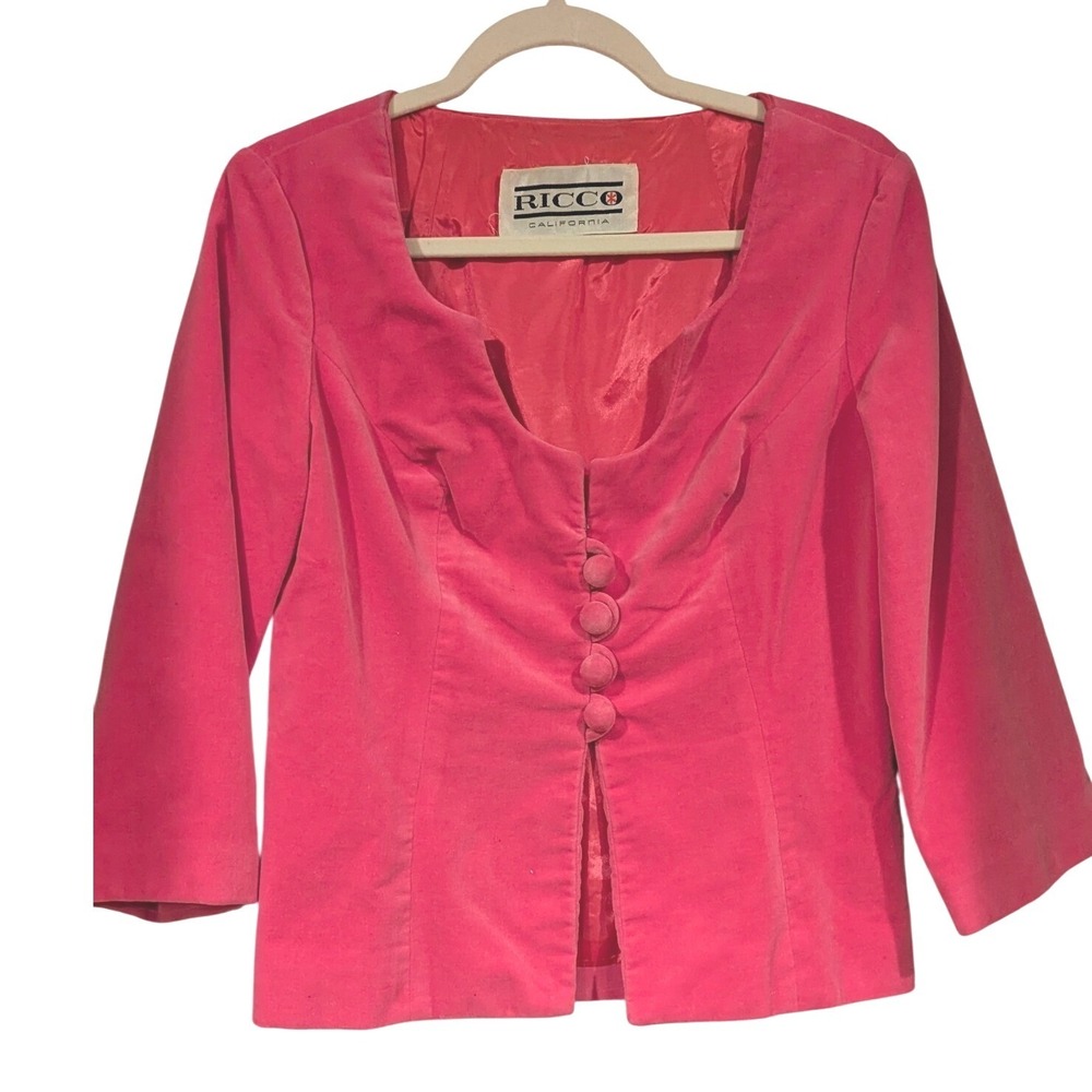 Ricco California Vintage Hot Pink Velvet Scalloped Button Blazer Jacket Size 8‎